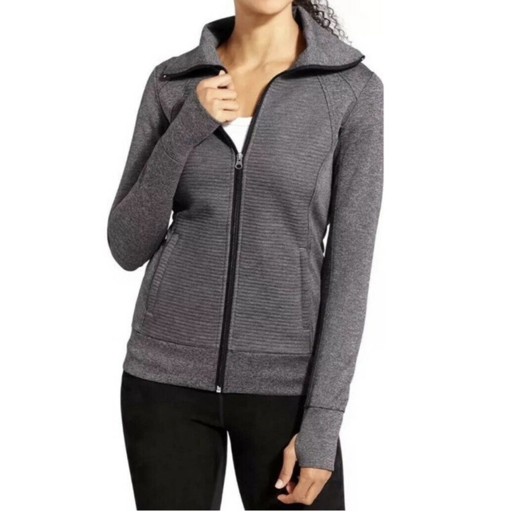 Athleta Stretch and Release Funnel Neck Zip Up Athletic Jacket Gray Size…